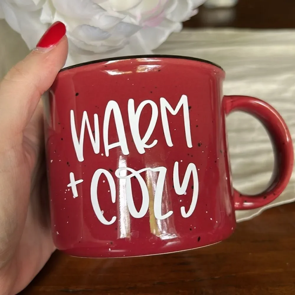 Mug warm + Cozy metal material burgundy and white color’s NWOT